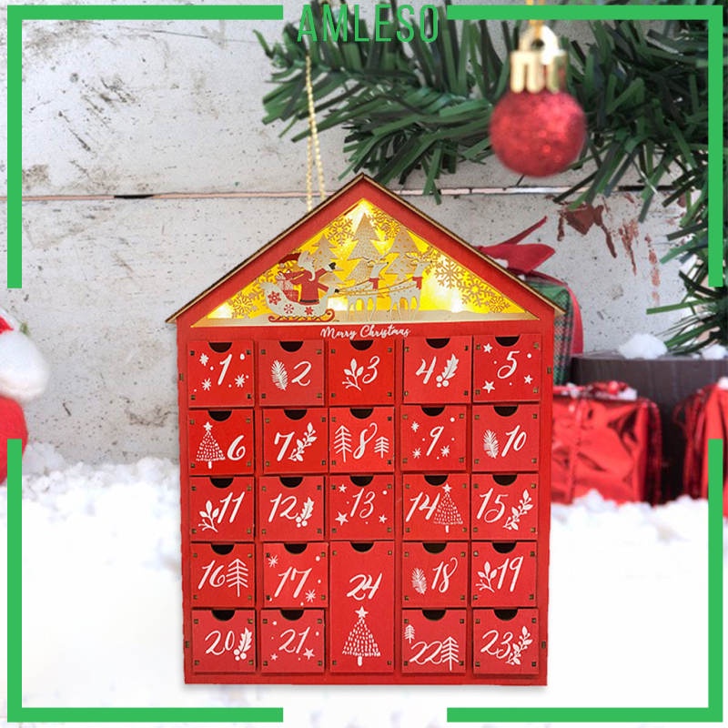 [amlesoMY] Christmas Red Wooden Advent Calendar 24 Drawers Beautiful