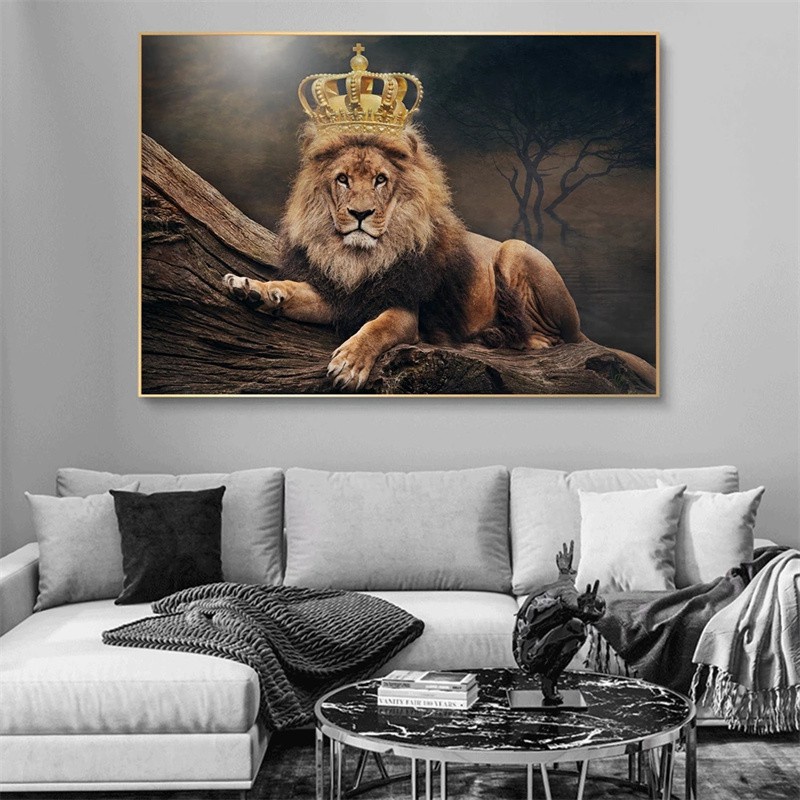 Art African Lion King Wearing Crown Oil Painting Wildlife Poster ...