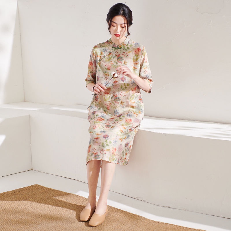 Chinese retro improved cheongsam women's summer cotton and linen dress ...