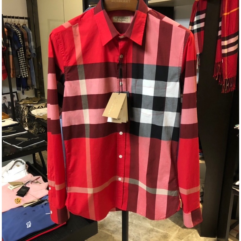 Original Burberry Check Stretch Cotton Poplin Shirt Parade Red Baju Raya Lelaki Premium Outlet