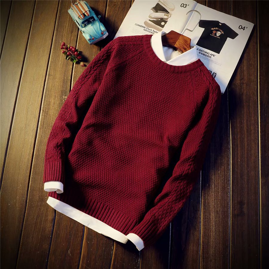 Knitted Men's Autumn and Winter Solid Color Sweater New Trend Round ...