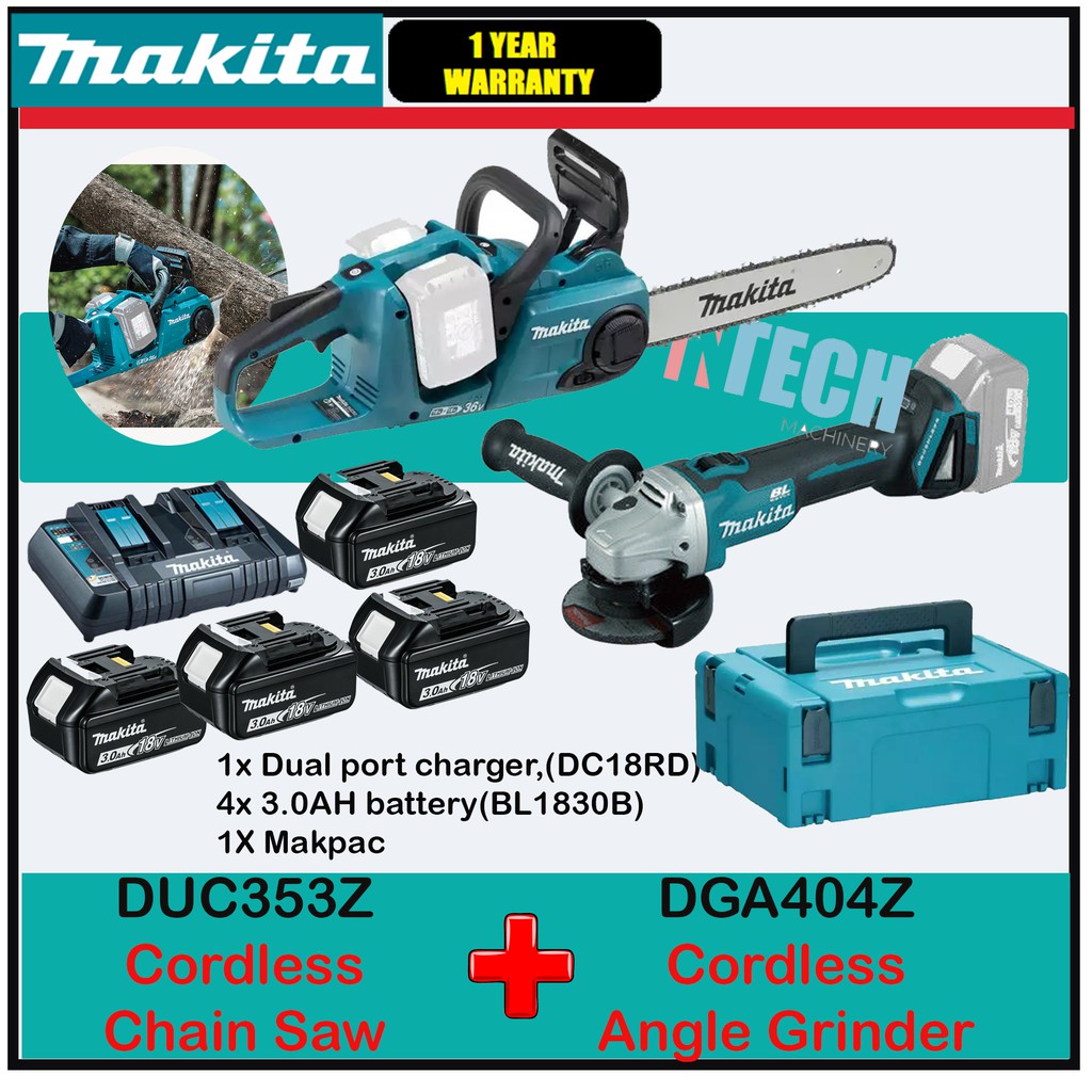 MAKITA COMBO KIT DGA404Z CORDLESS ANGLE GRINDER C W DUC353Z CORDLESS CHAIN SAW 4x 3.0Ah BATTERY 1x CHARGER DC18RD Shopee Malaysia