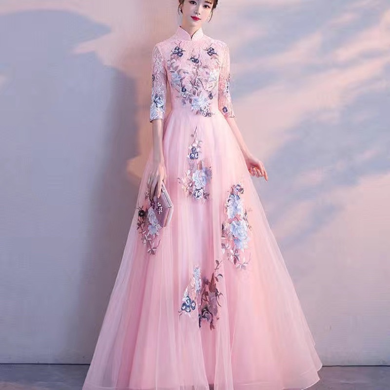 Stand-up Collar Formal Feast Midi Maxi Dresses Embroidery Gaun Emcee ...