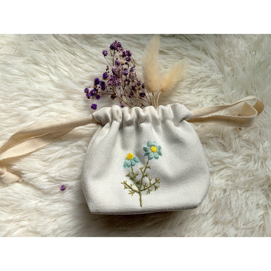 Flowers Hand Embroidery Small Bag Sew Kit,Fabric Drawstring Teacup  Bag,Jewelry Pouch,Handmade Teacup Pocket,Learn Needlework