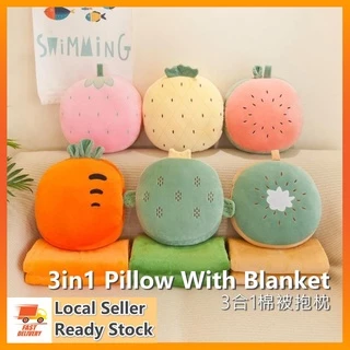 ❗RADY STOCK MY❗ Pillow With Blanket Multifunction Cartoon Fruit Pillow With Blanket Hand Warmer 3 in 1 Car-Aircon