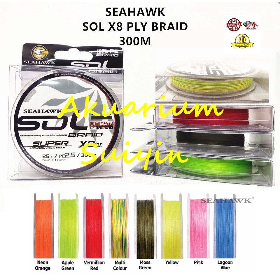 SEAHAWK SOL X8 PLY BRAID 300M FISHING LINE VERMILLION RED / MOSS GREEN /  APPLE GREEN / MULTICOLOR / TALI BENANG PANCING