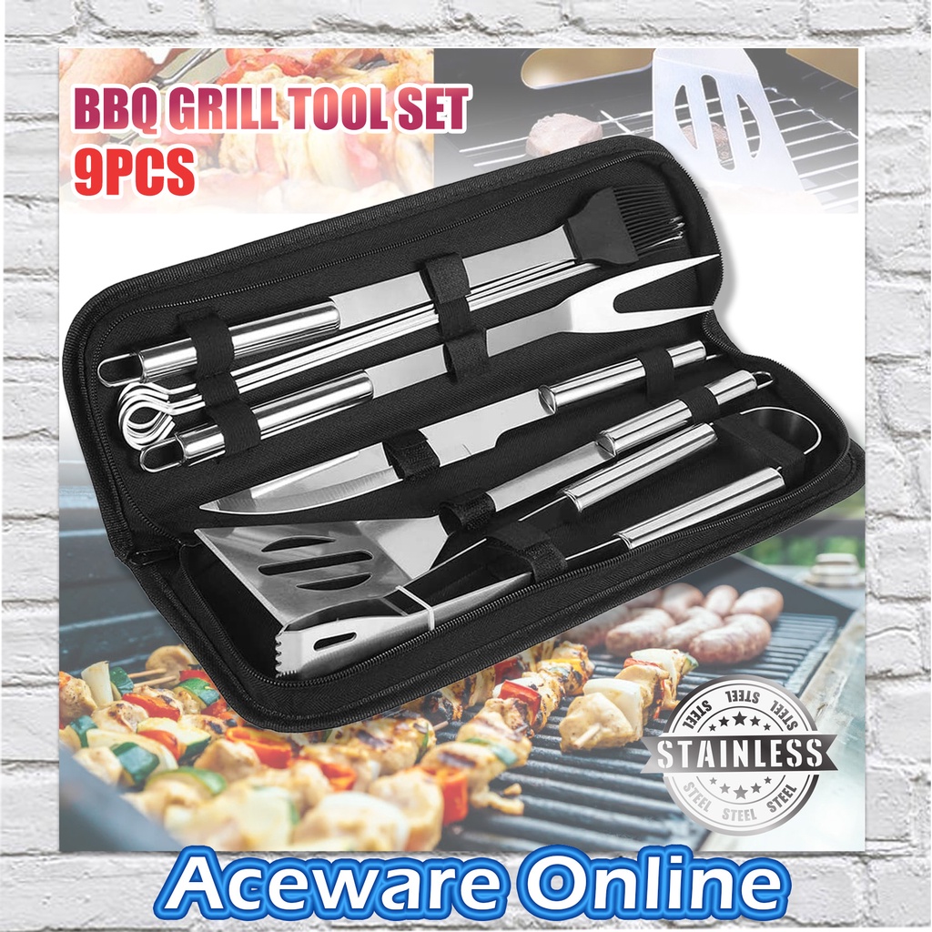 9 PCS STAINLESS STEEL BBQ GRILL TOOL SET STORAGE BAG Grilling Cooking ...