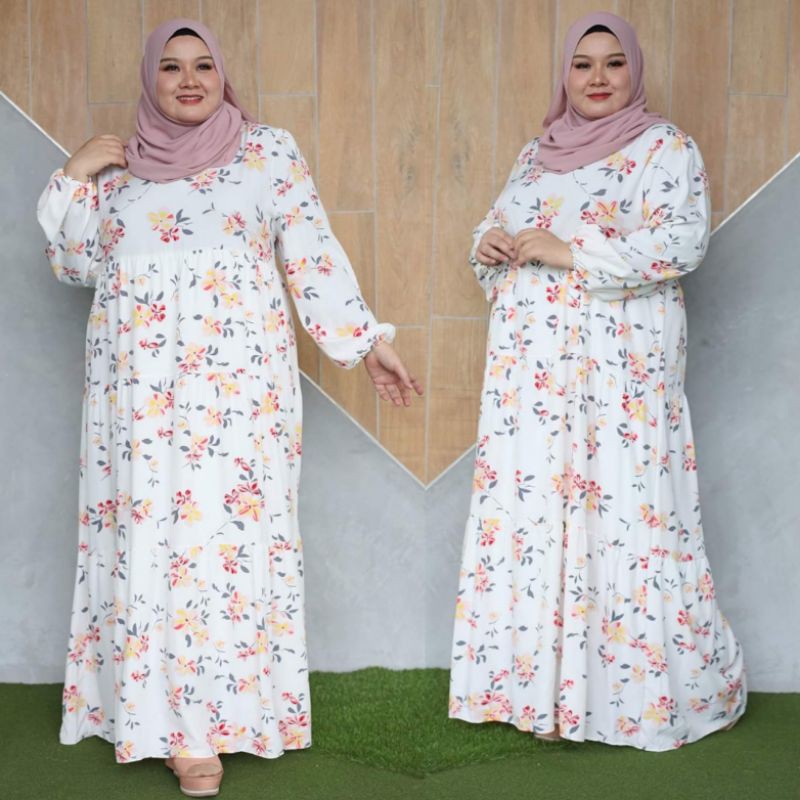 OVERRSIZE Plus Size Juju Floral Printed Ruffles Muslimah Dress With Button Soft Chiffon Crepe Fit XL 42 44 5XL 58 60 Shopee Malaysia