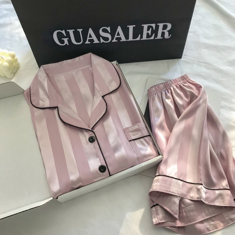 Sexy Home Service Two-Piece Pajama Set With Ice Silk Satin Strong Print Short Sleeve Shorts
