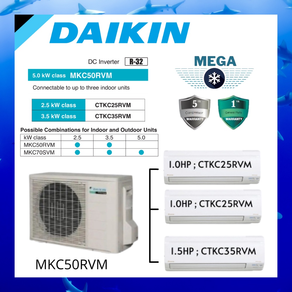 DAIKIN MULTI-SPLIT AIR COND R32 INVERTER [OUTDOOR MKC50RVM 2.0HP] + [2 ...