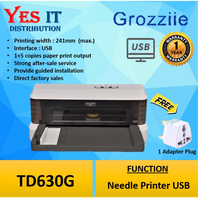 Grozziie TD630G Dot Matrix Printer USB 1+5 Copies Carbon Paper Needle