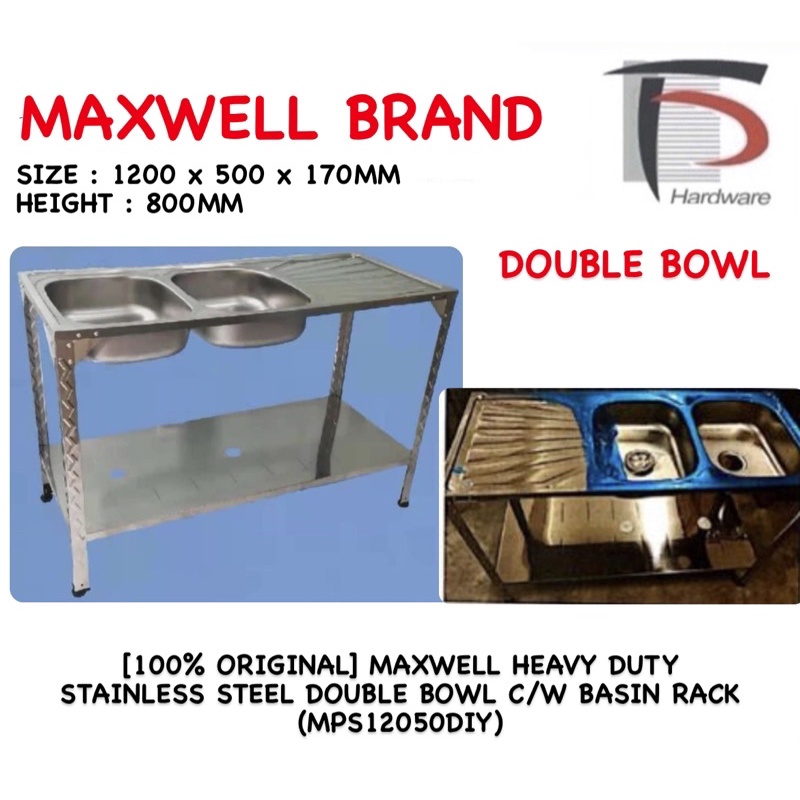 [100% ORIGINAL] MAXWELL HEAVY DUTY STAINLESS STEEL DOUBLE BOWL C/W ...