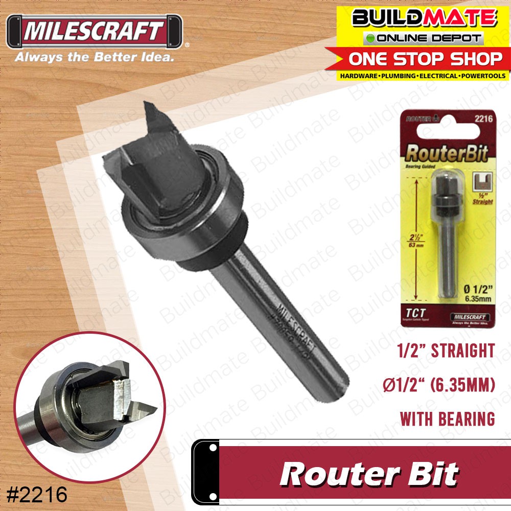 MILESCRAFT Tungsten Carbide Tipped Straight Router Bit with Bearing 1/2