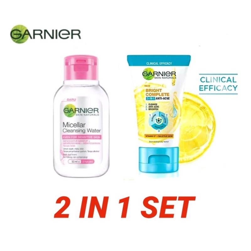 GARNIER 2 IN 1 SET Micellar CleansingWater 50ml + Bright Complete