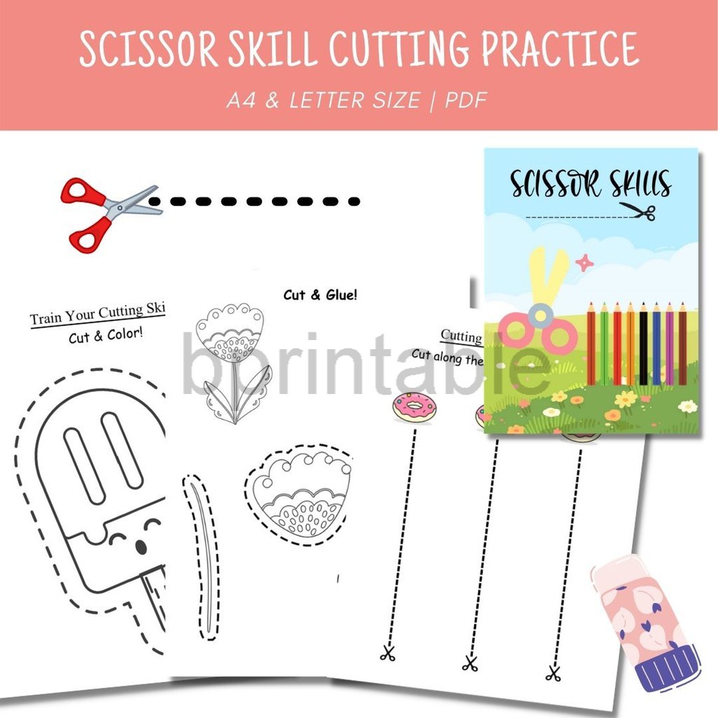 [PDF] Printable Scissor Skill Cutting Practice, Kids Worksheet for Preschool , Buku Kanak-Kanak ...