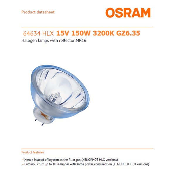 Ampoule Halogène OSRAM 64634 HLX EFR 15V 150W - Culot GZ6,35 - Pour Microscope Ou Gastroscope
