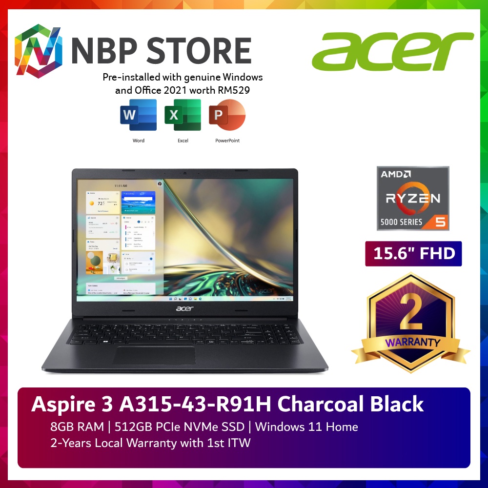 Acer Aspire 3 A315-43-R91H 15.6'' FHD Laptop Charcoal Black | Shopee ...