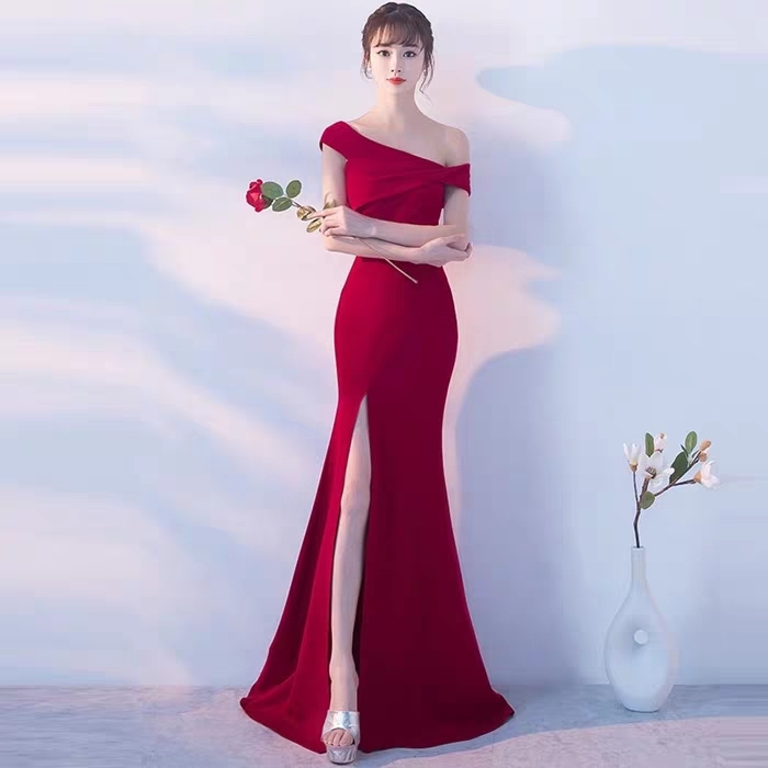 Ready stock Premium Maroon Offshoulder Dinner Dress Evening gown