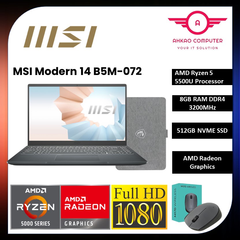 MSI Modern 14 B5M-097 14'' FHD Laptop Carbon Gray ( Ryzen 5 5500U, 8GB ...