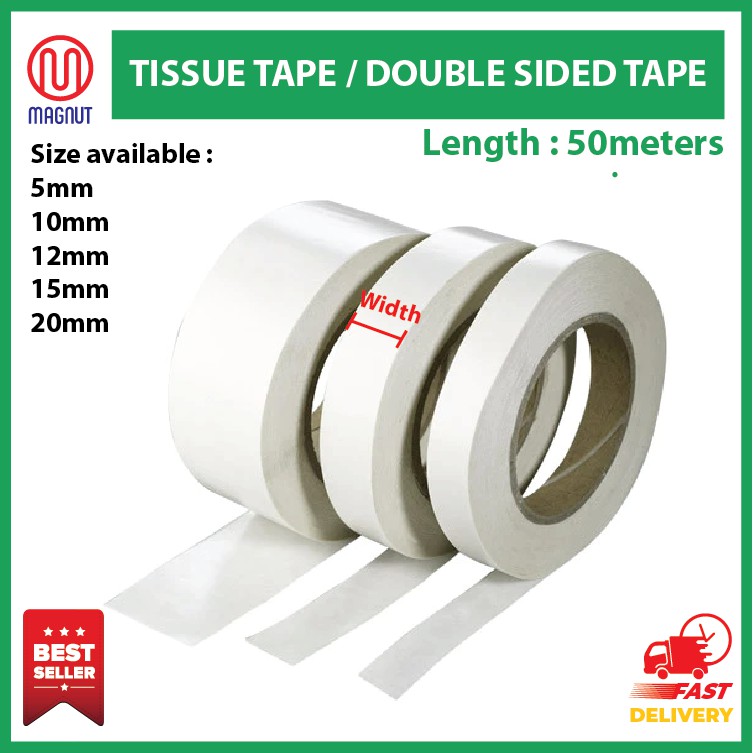 1 roll - Double Sided Tissue Tape 50 meters x 5mm / 10mm / 12mm / 15mm ...