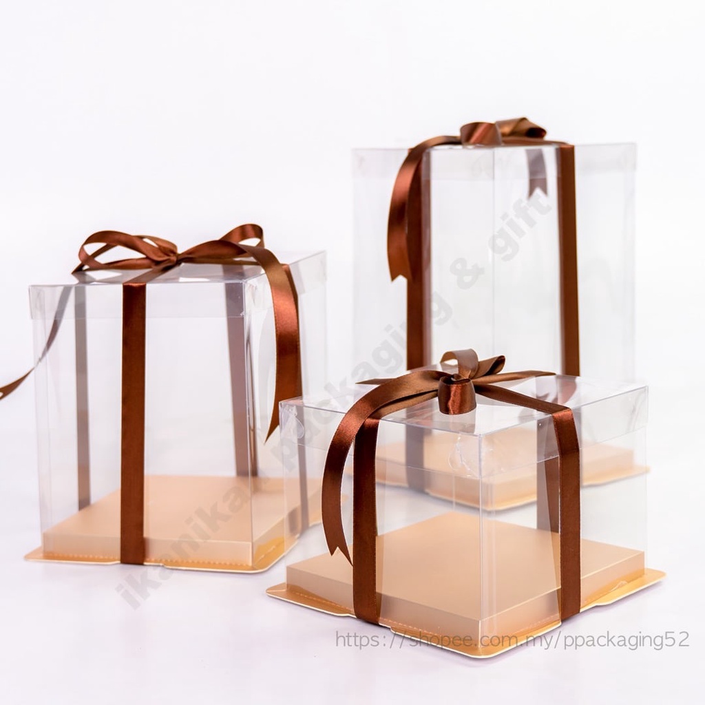 CLEAR LID GOLD Square Transparent Cake Box WITHOUT Ribbon / Kotak ...