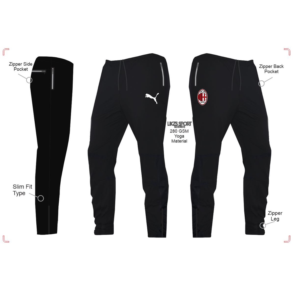 Track Bottom AC Milan FC Yoga Slim Fit Stretches Zipper Leg Football Futsal  Strike Tech Pants Seluar Trek Panjang Train