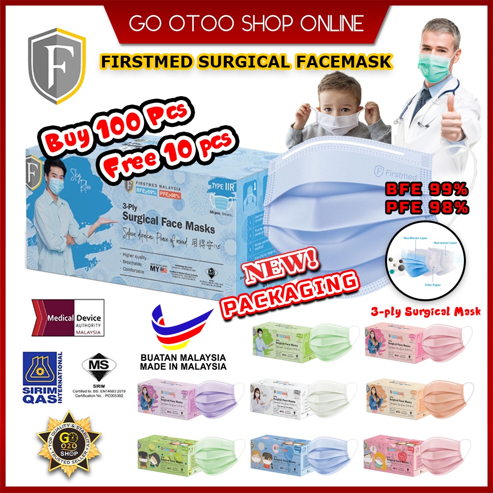 10Pcs Firstmed Surgical Facemask Face Mask Earloop 3 Ply Layer BFE 99% ...