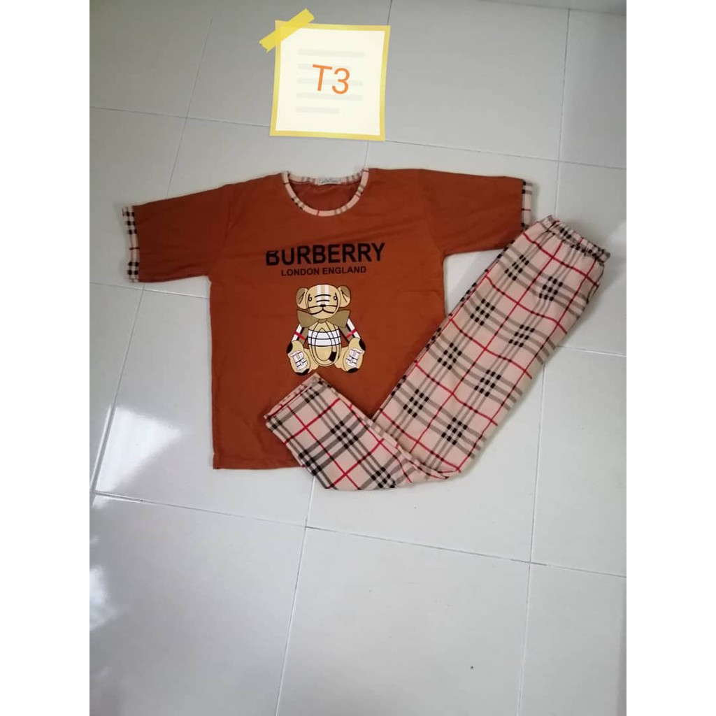 Baju set 3d Women ladies pajamas Burberry Teddy bear pyjamas Set baju tidur Shopee Malaysia