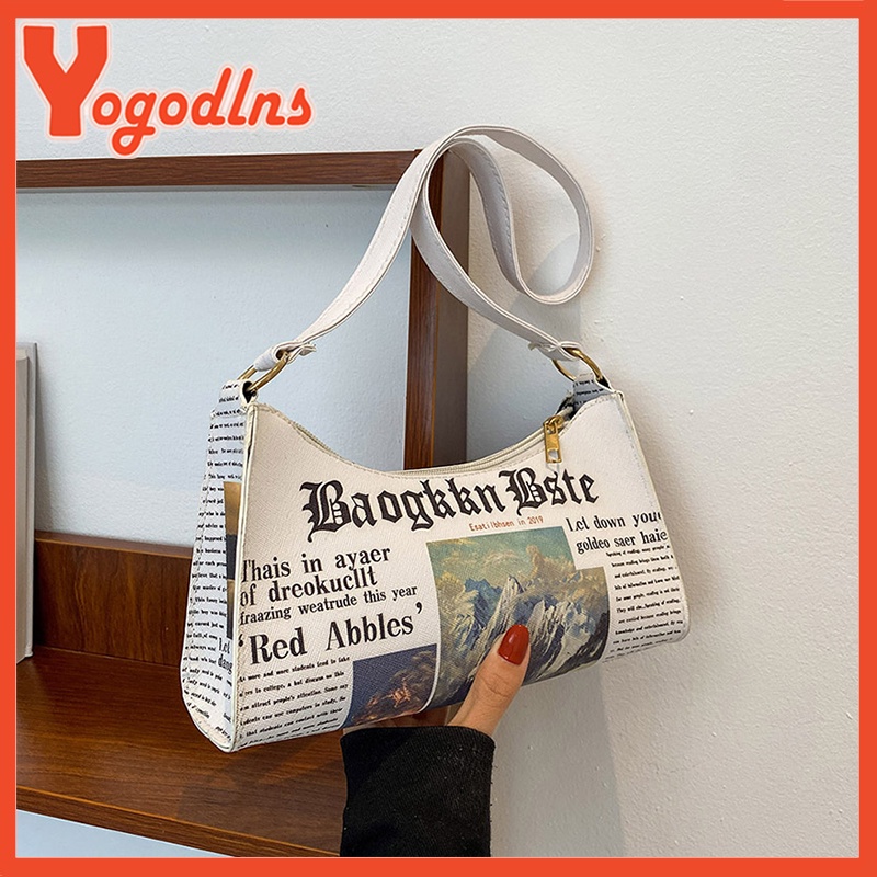 Yogodlns Fashion Letter Printing Newspaper Handbag For Women's Shoulder