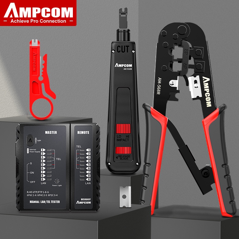 AMPCOM 12 In 1 RJ45 Crimper LAN Tester Tool Set Ethernet Cable Stripper ...