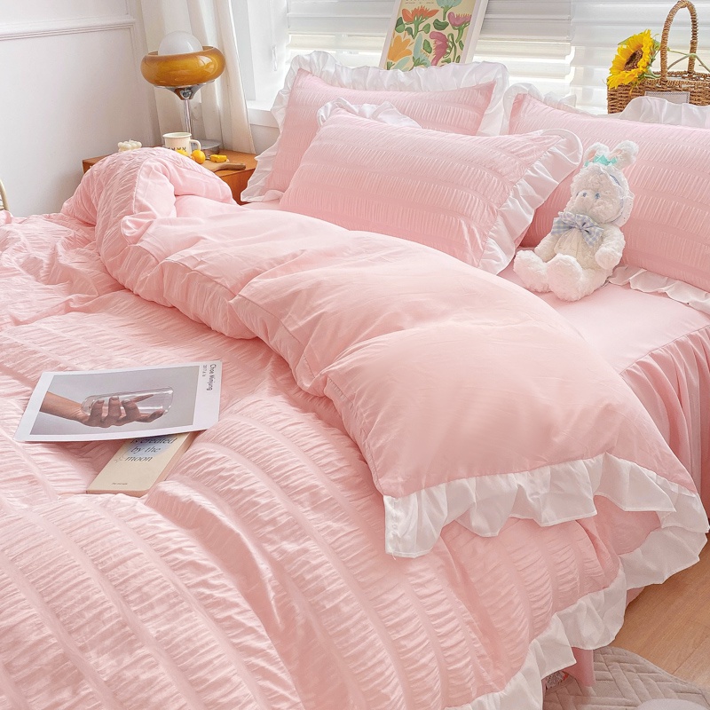 4 IN 1 Princess Style Bedding Set Seersucker Solid Pink For Girls Quilt