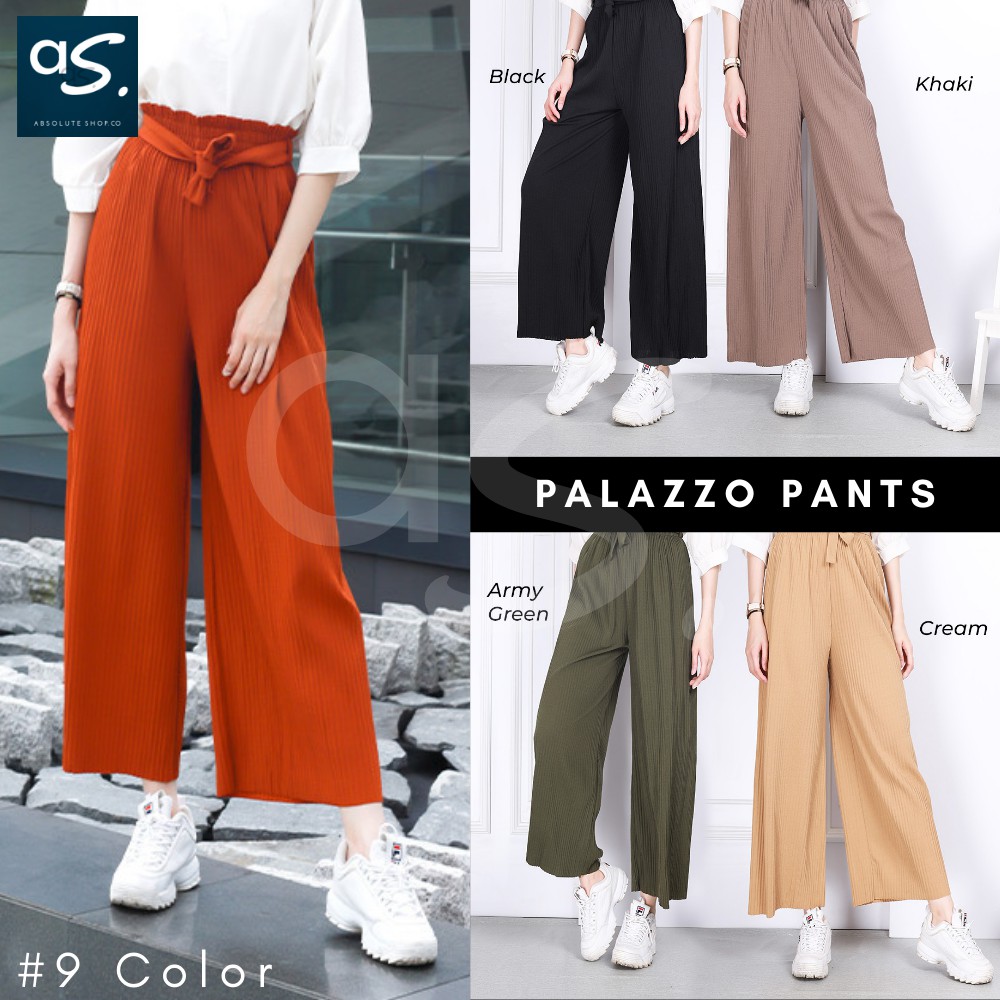 Windflow Culottes Wide Leg Elastic Waist Ribbon Tie Belt Palazzo Pants Women  Long pants