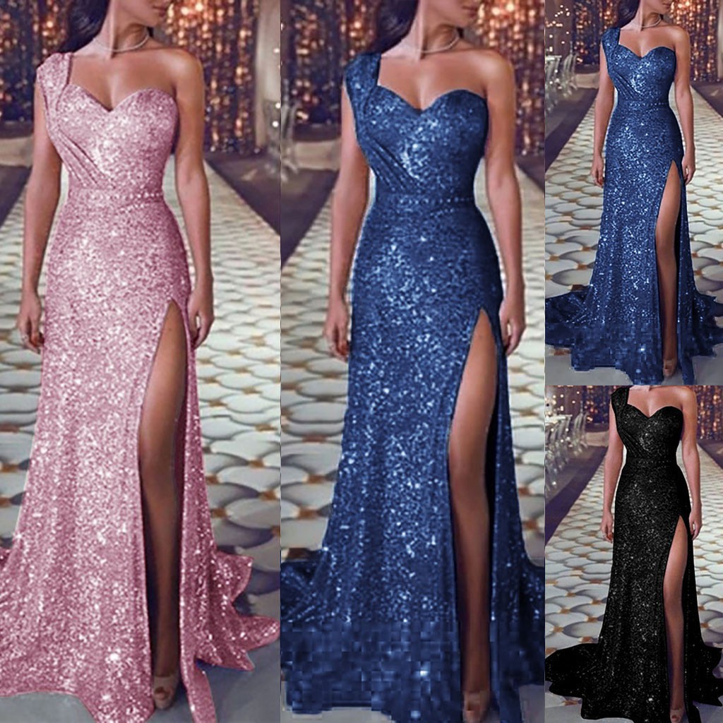 ♀hn♀ Ready Stock Women Sequin Prom Party Ball Gown Sexy Gold Evening Bridesmaid V Neck Long