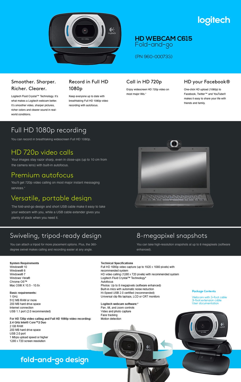 Logitech HD Webcam C615/C525/C310/C270 for Desktop or Laptop, 360