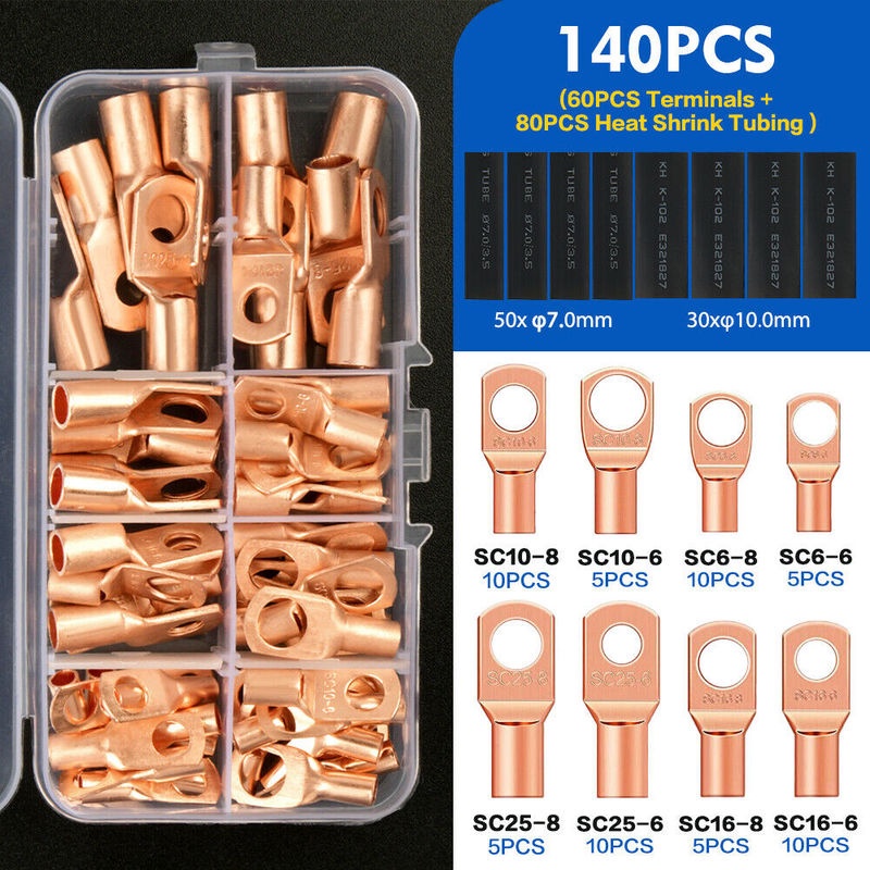 140PCS Copper Lug Ring Wire Connectors Bare Cable Electric Crimp