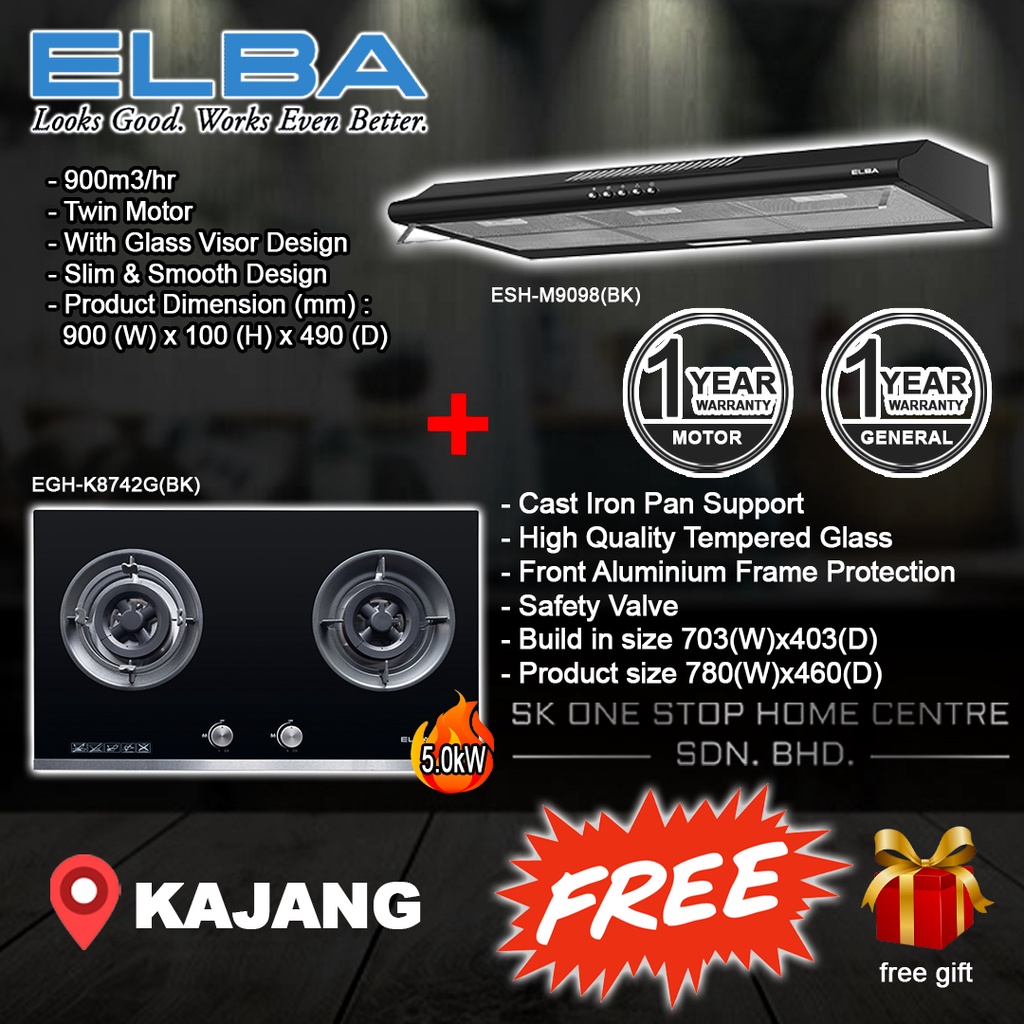 (COMBO SET PACKAGE) ELBA Kitchen Slim Hood ESH-M9098(BK) + Built In Gas ...