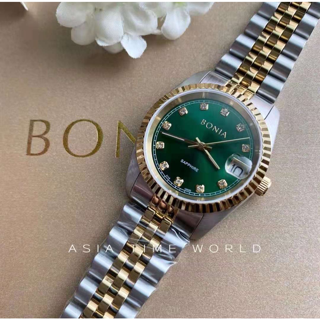 B.O.N.I.A BNB10550 3197 Timepiece Elegance Women s Watch Green Dial Stainless Steel Official Warranty