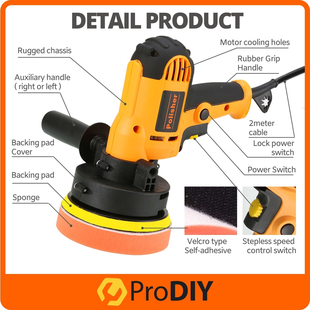 DWE6401 Car Polisher 125mm 5 inch 700W Polishing Machine Buffing Waxing Pengilat Kereta Variable Speed (Random Color) PD DWE6401 STANDARD SET | PGMall