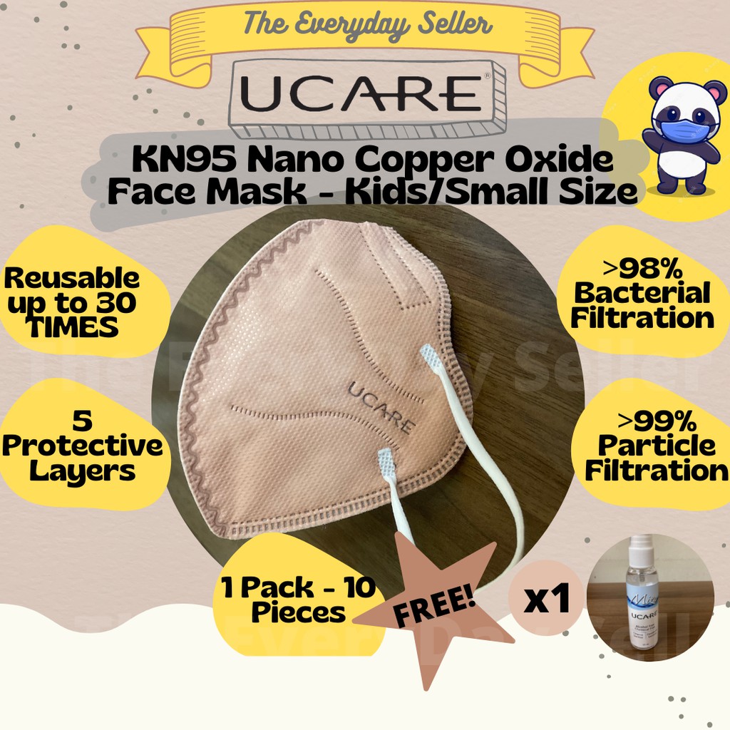 UCARE (Small Size/Kids) KN95 5 Ply Reusable Copper Oxide Mask (1 Pack 10 Pcs FREE 1 MIZU Ucare