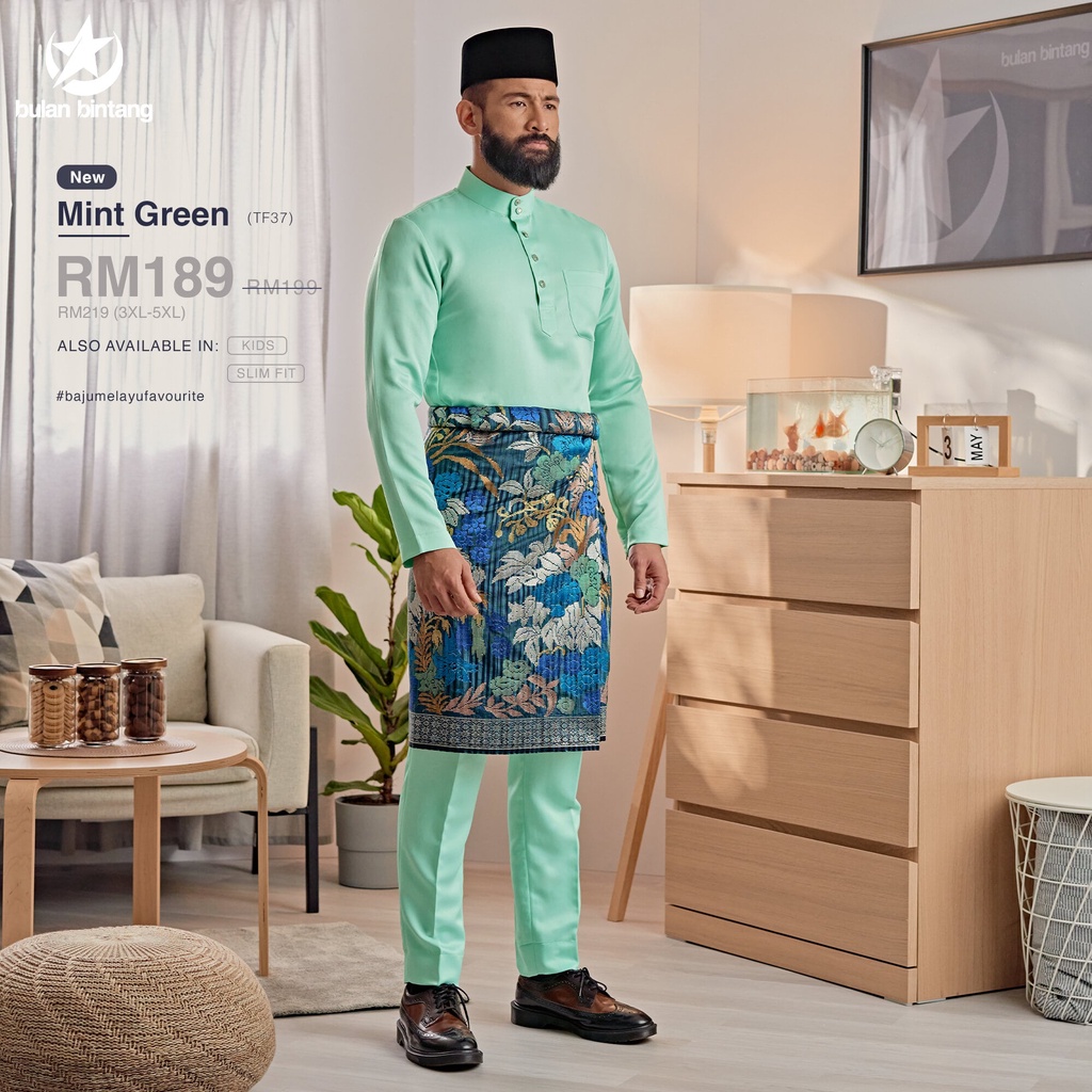 🔥Tailored Fit (TF37) MINT GREEN Baju Melayu Bulan Bintang Shopee