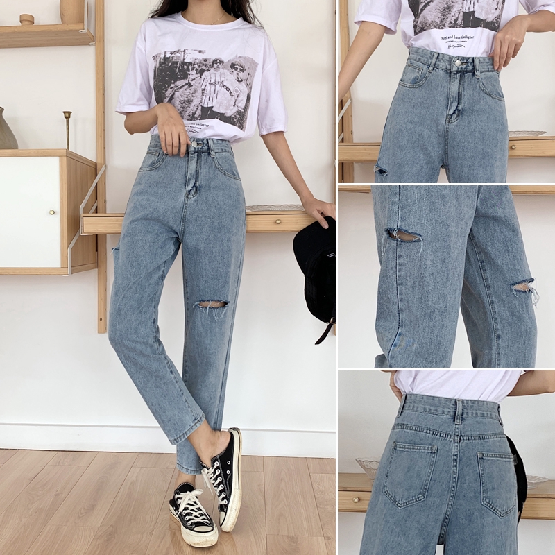 2019 Fashion New Hole Jeans Women Nine Pants Loose Oversize Slim