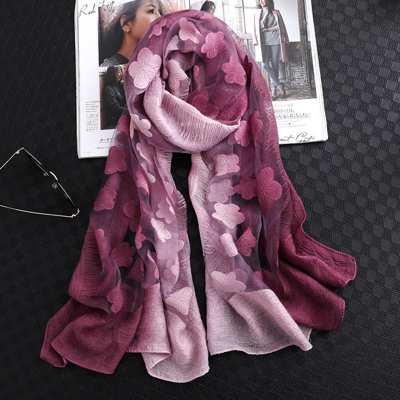 Jifang Women Gradient Color Floral Organza Silk Scarf Shawl Hollow Out Flower Design Light Silk