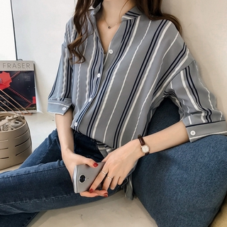 Oversize Plus Size Striped Shirt Blouse M-XXXXL white,green,blue,Brick red  Women Loose 3/4 Sleeve V-neck Top Bottom Outfit Casual OL Formal Office  Working Wear 女装宽松大码条纹衬衫女七分袖V领上衣打底衬衣|