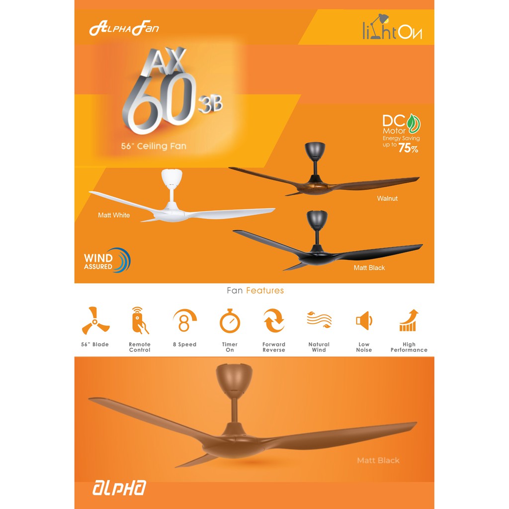 ALPHA AlphaFan - AX60 3B 56 Inch DC Motor Ceiling Fan with 3 Blades (8 ...