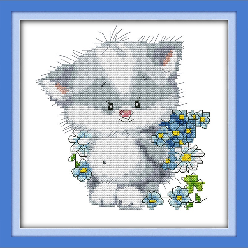 Lovely little cat presents a bouquet Printed Canvas Cross Stitch Kits