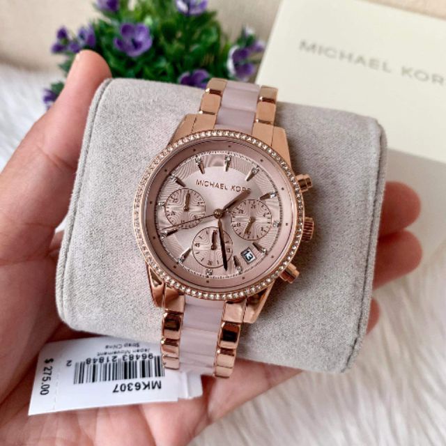 Michael Kors Women s Ritz Chrono Rose Gold Pink Acetate Watch MK6307 Shopee Malaysia