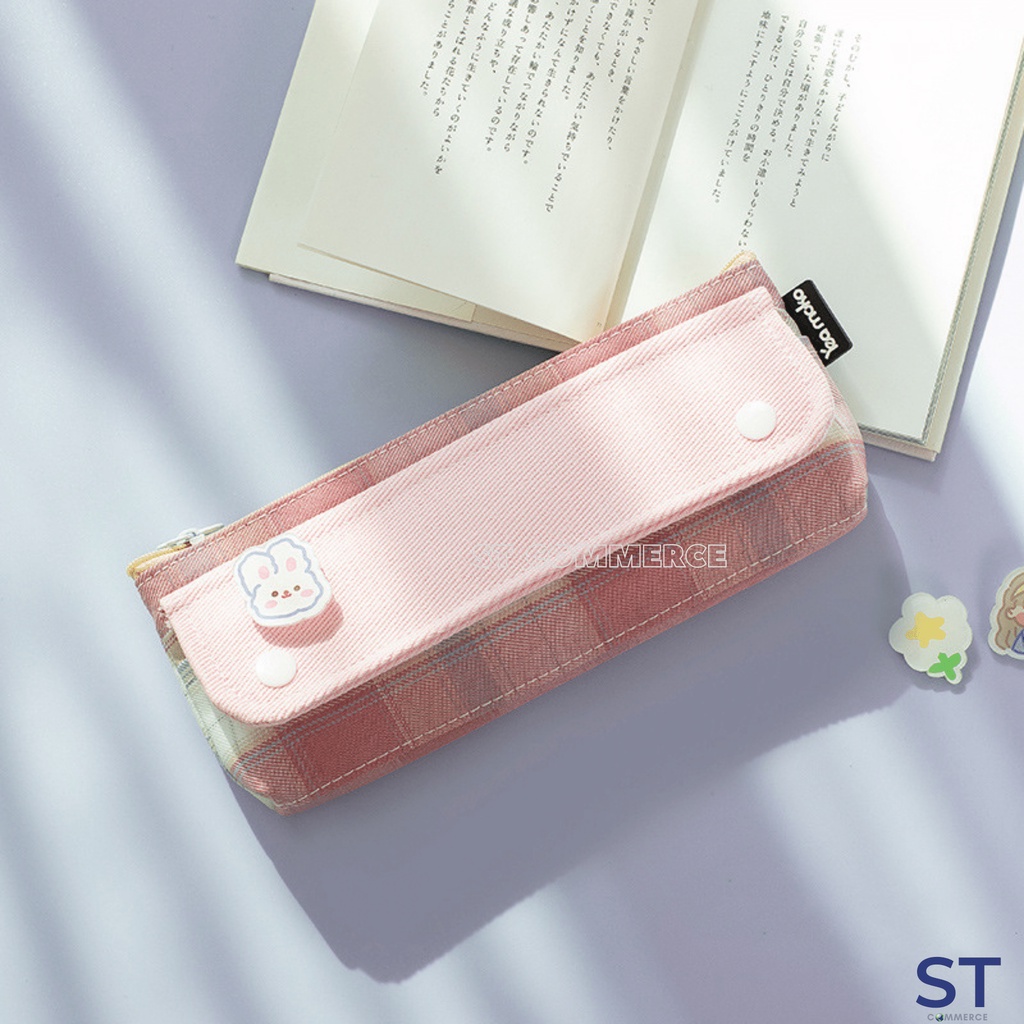 Cute Pencil Case Grid Zipper Canvas Multifunction Pen Bag Stationery