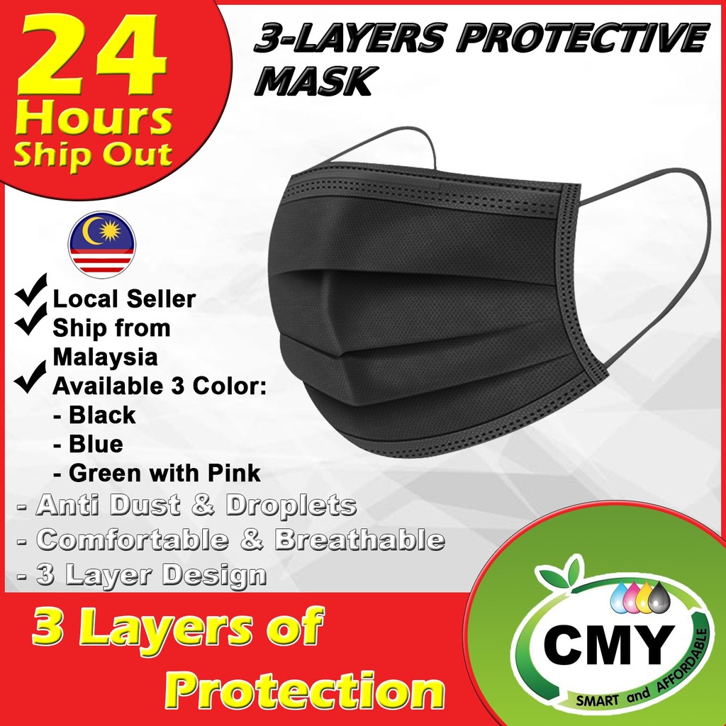 (Ship within 24 hours) Full Black colour 3ply Face mask Non Medical ...