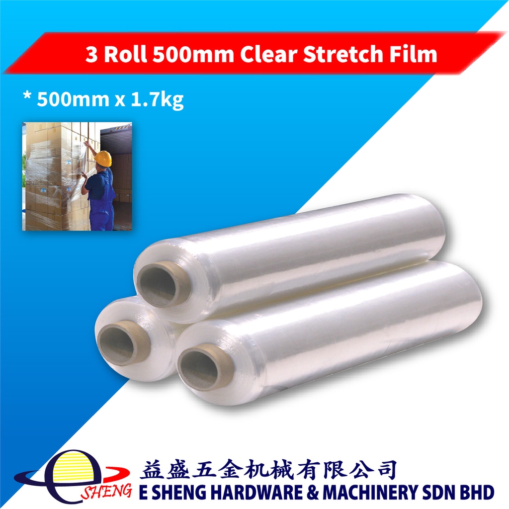 (3 Roll) 500mm x 1.7kg Clear Stretch Film / Wrapping Plastic Wrap Roll Packaging / Hand Roll