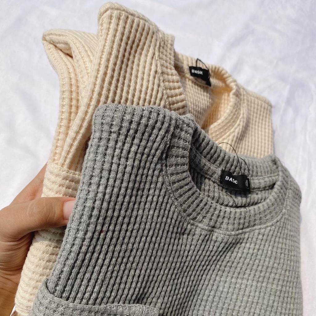 Waffle-Knit Notched Long Sleeve T-Shirt